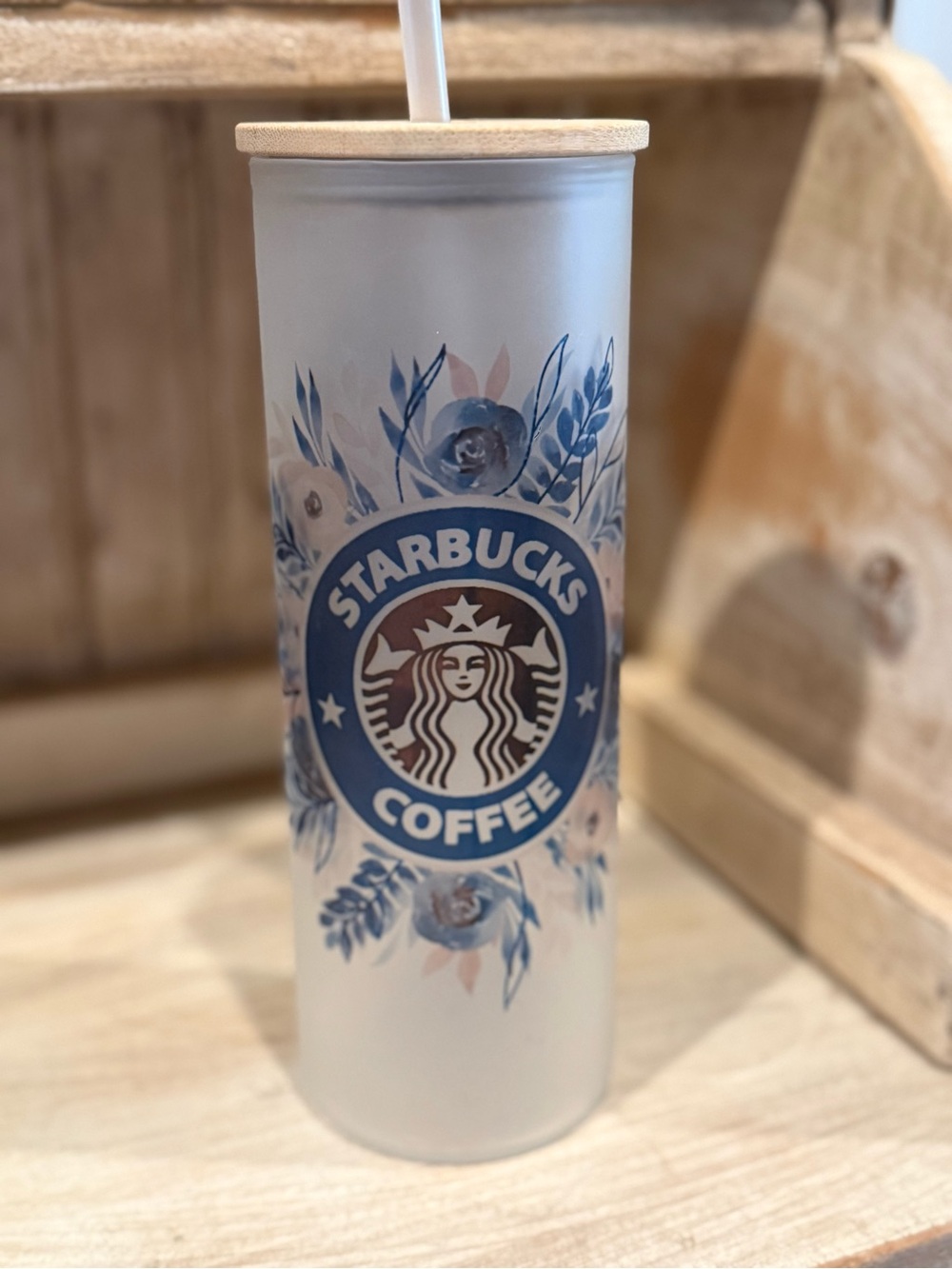 Starbucks Frosted Floral Logo Tumbler with Wood-Look Lid